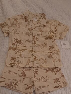 Grayson Mini Cream Tropical Bird Print Kids Short Set